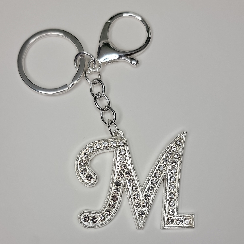 Letter M Initial M Alphabet M Rhinestone Silver Key Chain Bag Charm